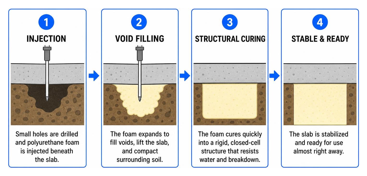 Step-by-step polyurethane injection, void filling, and structural curing process Step-by-step polyurethane injection, void filling, and structural curing process