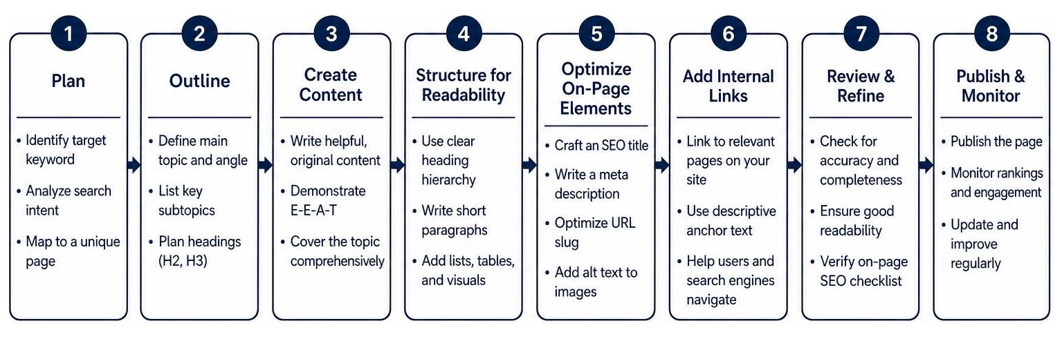 Step-by-step workflow for creating and optimizing a new page on an SEO-friendly website Step-by-step workflow for creating and optimizing a new page on an SEO-friendly website