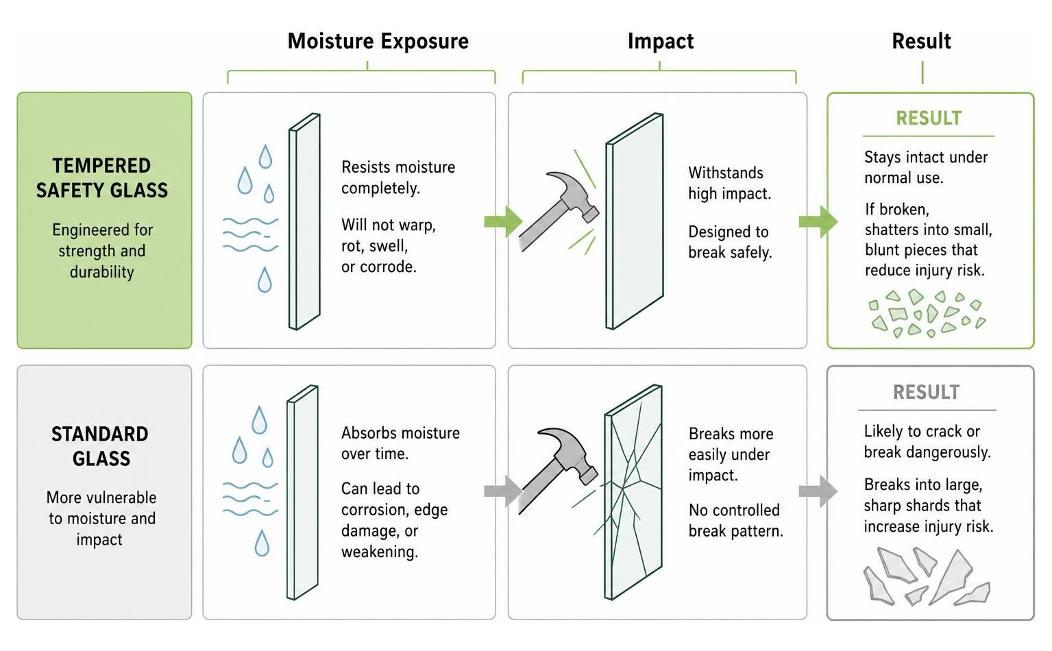 Diagram showing how tempered safety glass handles moisture and impact compared to standard glass Diagram showing how tempered safety glass handles moisture and impact compared to standard glass