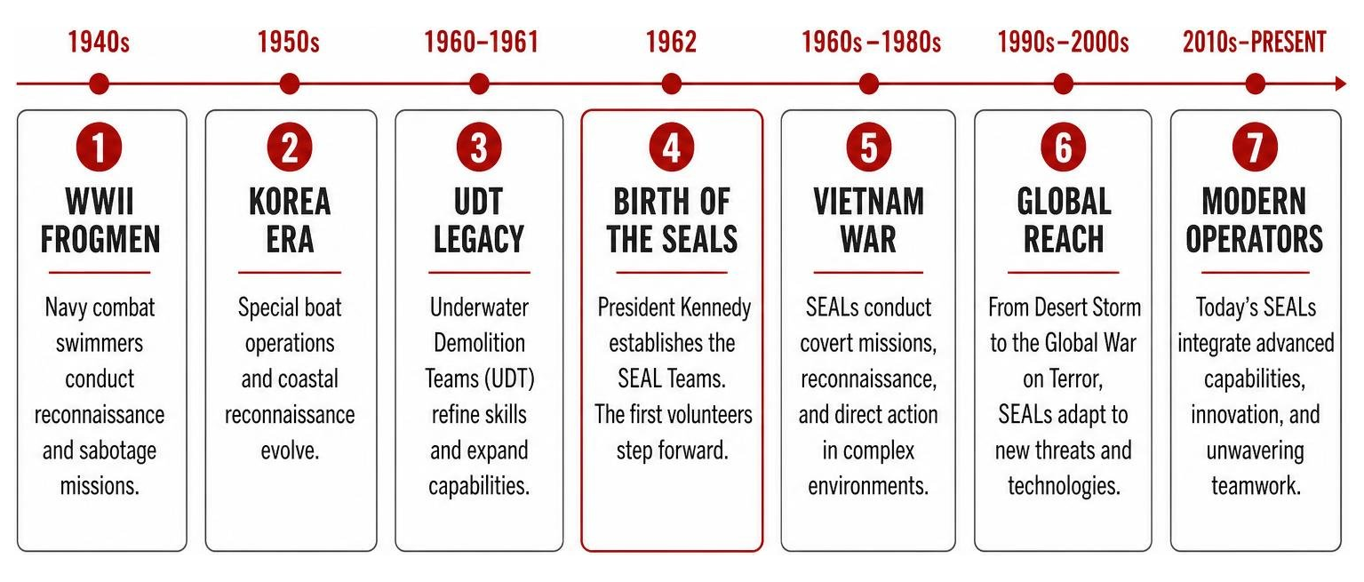 Timeline of Navy SEAL history and evolution from WWII Frogmen to modern operators