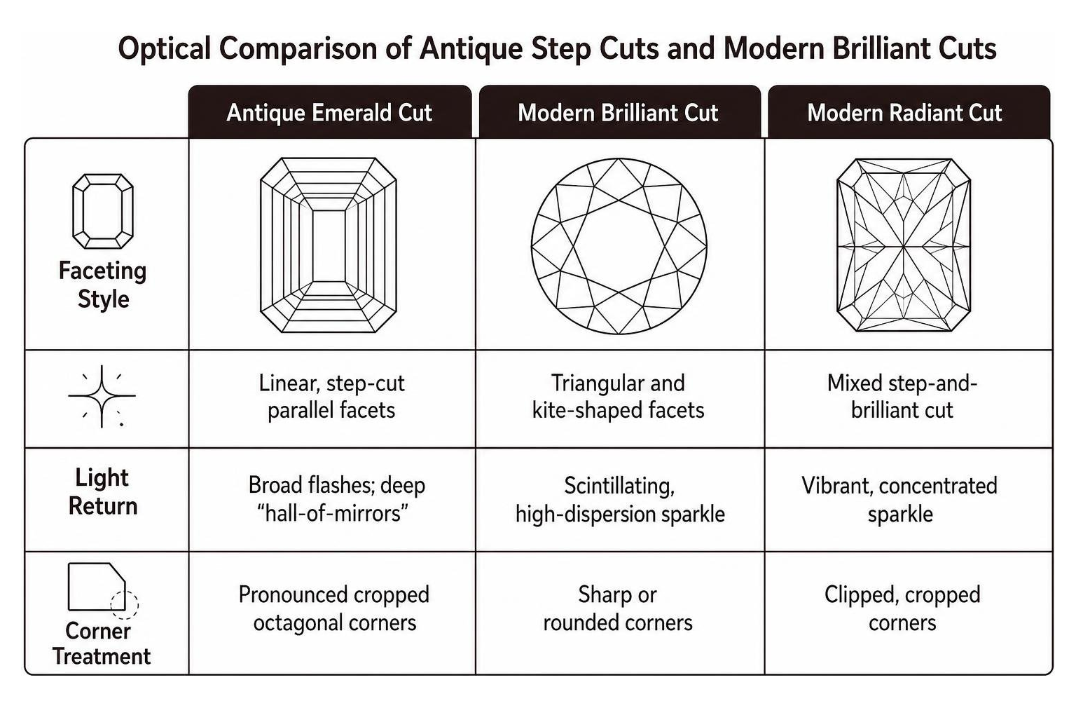 Optical comparison of antique step cuts and modern brilliant cuts