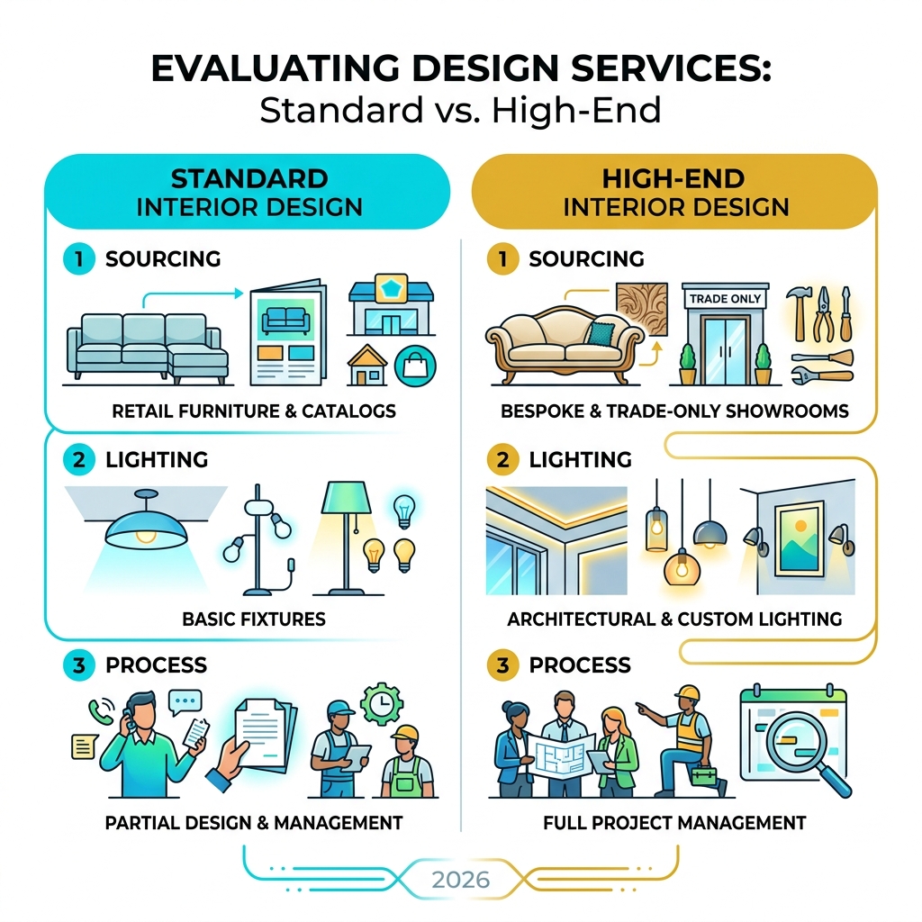 Infographic comparing Standard vs. High-End Design: Standard uses retail furniture and basic lighting; High-End uses bespoke Infographic comparing Standard vs. High-End Design: Standard uses retail furniture and basic lighting; High-End uses bespoke