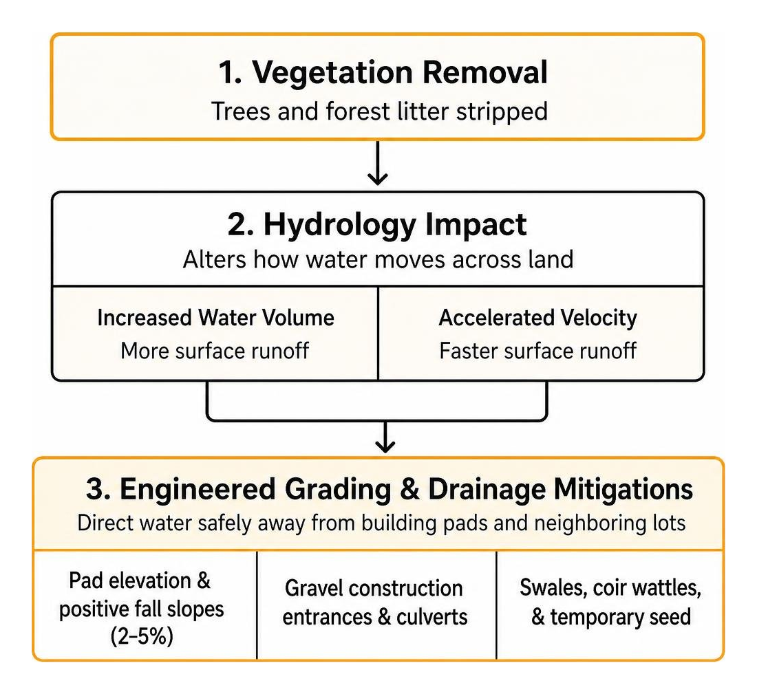 Cause and effect diagram showing how clearing affects hydrology and engineered drainage mitigations Cause and effect diagram showing how clearing affects hydrology and engineered drainage mitigations
