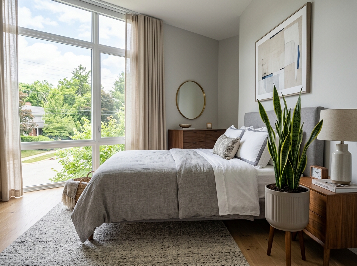 Snake Plant in a modern bedroom - air filter plants indoor