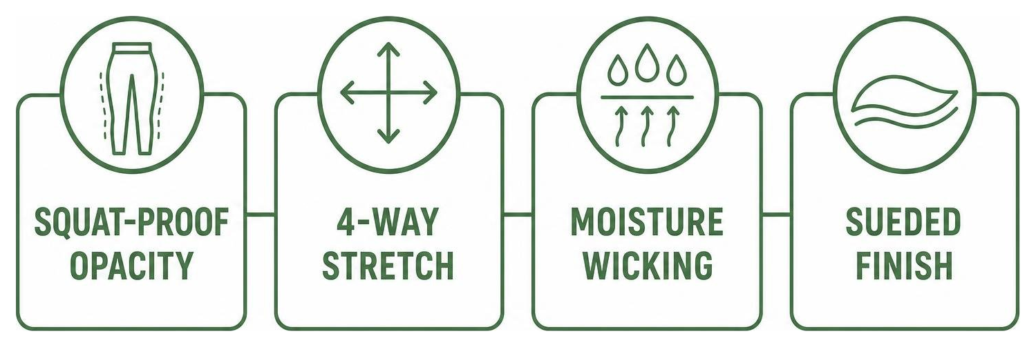 Essential fabric features: squat-proof opacity, 4-way stretch, moisture wicking, sueded finish Essential fabric features: squat-proof opacity, 4-way stretch, moisture wicking, sueded finish