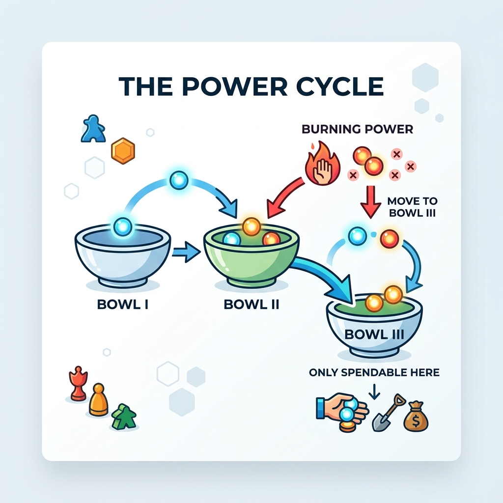 Infographic showing the power cycle: Power moves from Bowl 1 to 2, then to 3. Only spendable in 3. Burning power removes