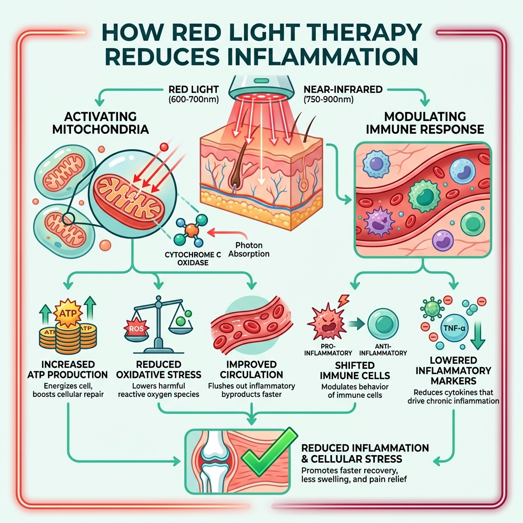 Infographic showing how red light therapy reduces inflammation by activating mitochondria and modulating immune response