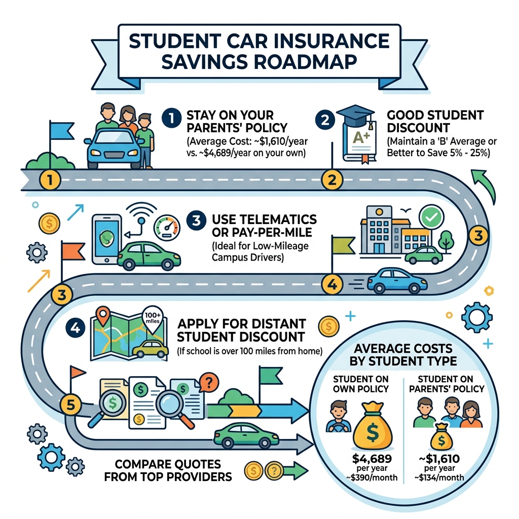 roadmap infographic showing student car insurance savings strategies and average costs by student type - affordable student roadmap infographic showing student car insurance savings strategies and average costs by student type - affordable student