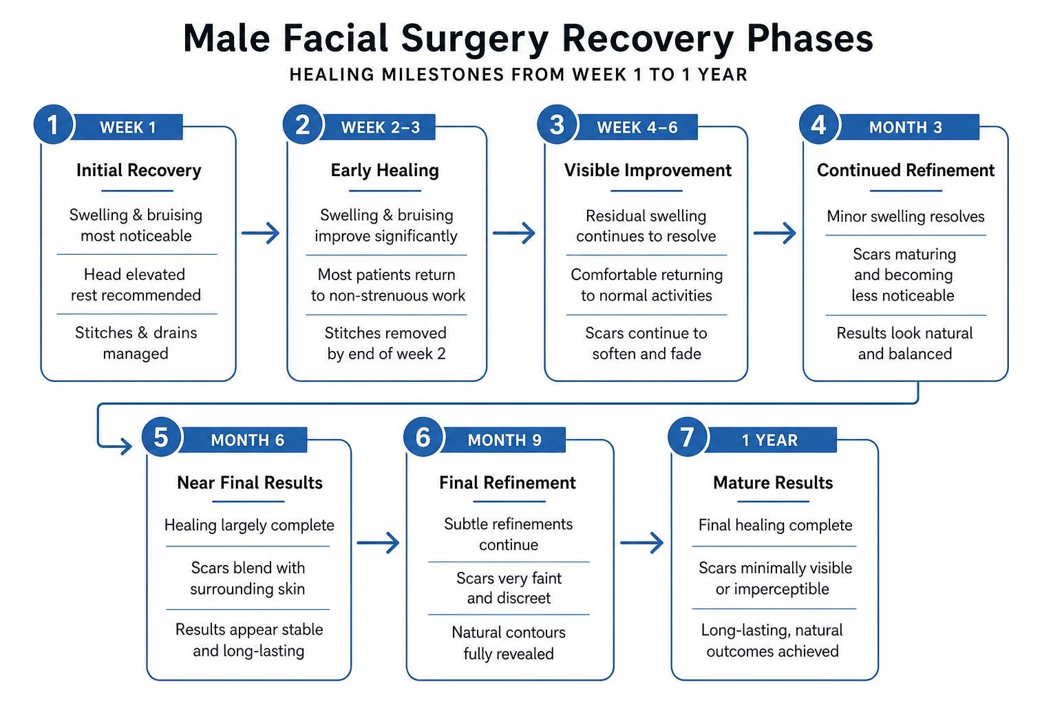 recovery phases following male facial surgery showing healing milestones from week 1 to 1 year