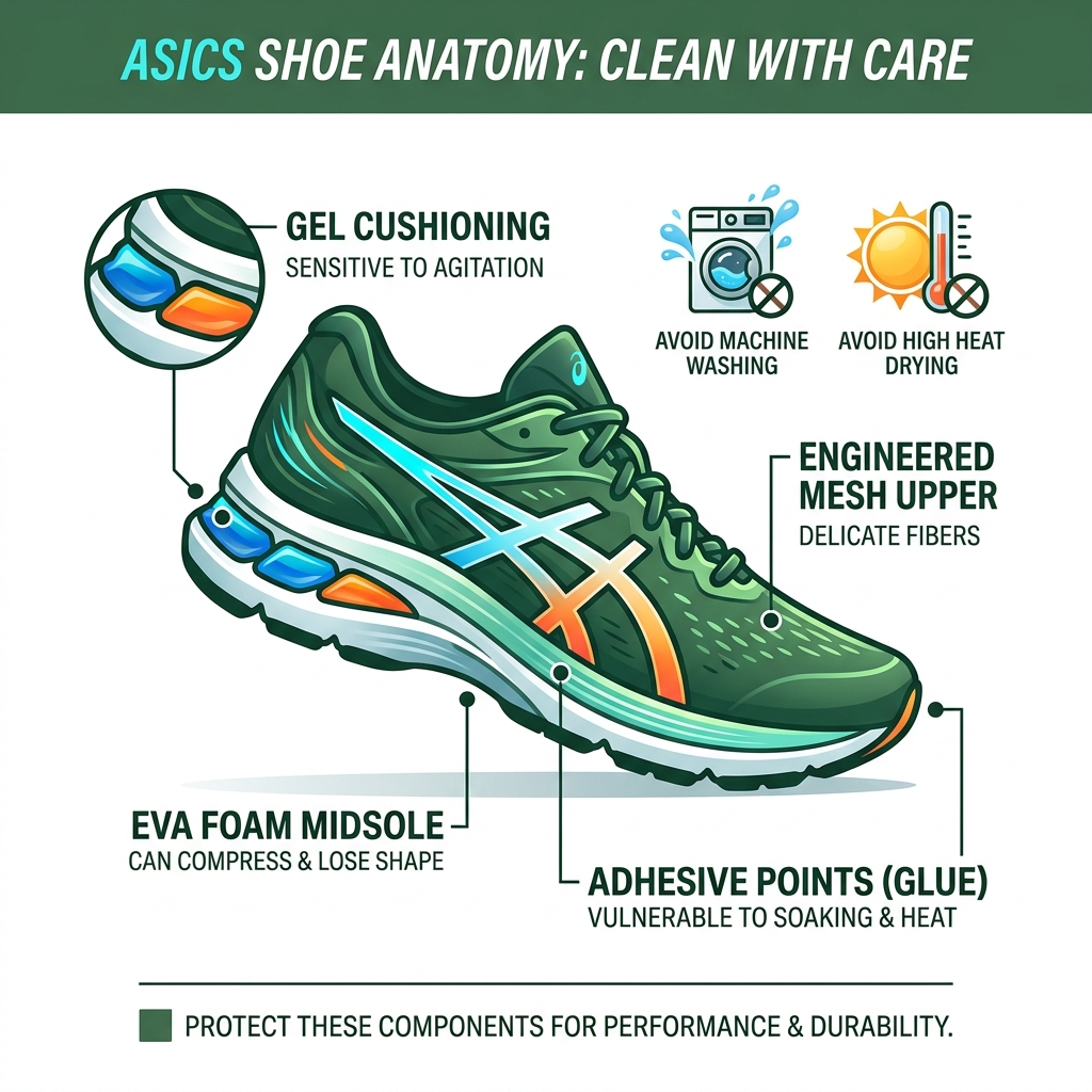 Infographic showing ASICS shoe anatomy with sensitive components like GEL, EVA foam, mesh upper, and adhesive points labeled Infographic showing ASICS shoe anatomy with sensitive components like GEL, EVA foam, mesh upper, and adhesive points labeled