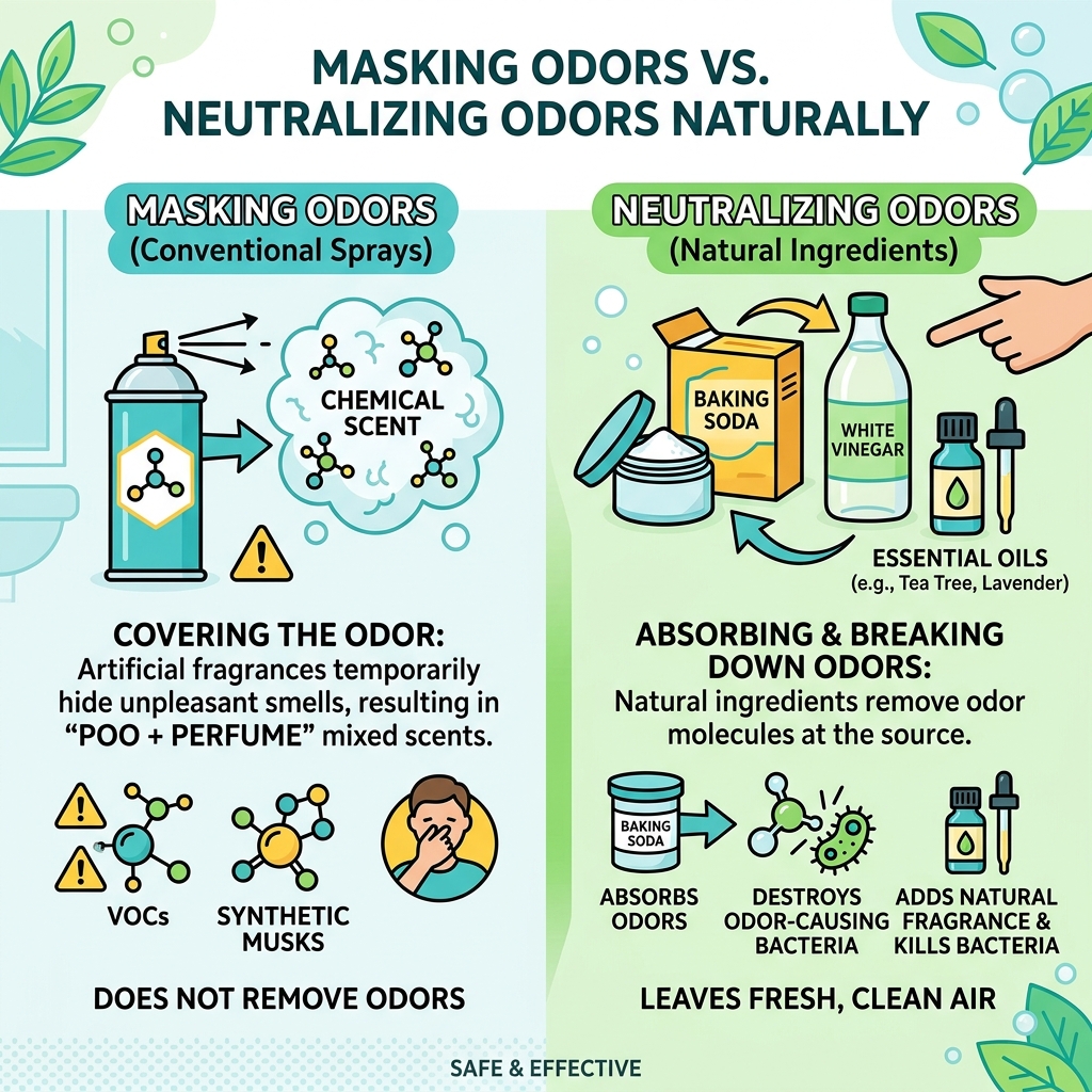 Infographic comparing masking odors with chemical sprays vs. neutralizing odors naturally using baking soda, vinegar, and Infographic comparing masking odors with chemical sprays vs. neutralizing odors naturally using baking soda, vinegar, and