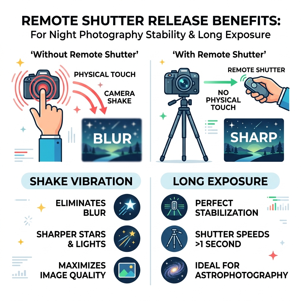 Remote shutter release benefits infographic for night photography stability and long exposure - remote shutter night