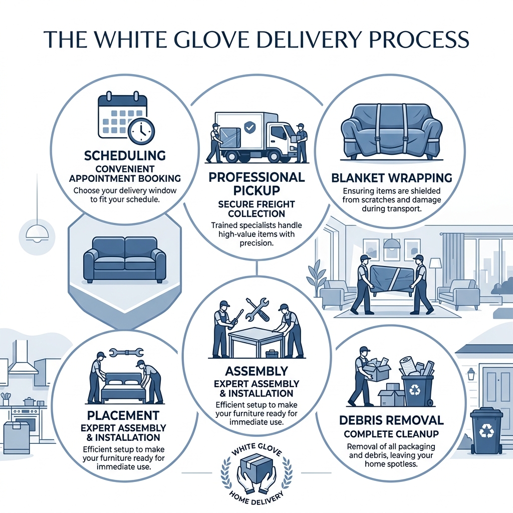 Infographic showing white glove delivery process: scheduling, professional pickup, blanket wrapping, in-home placement Infographic showing white glove delivery process: scheduling, professional pickup, blanket wrapping, in-home placement