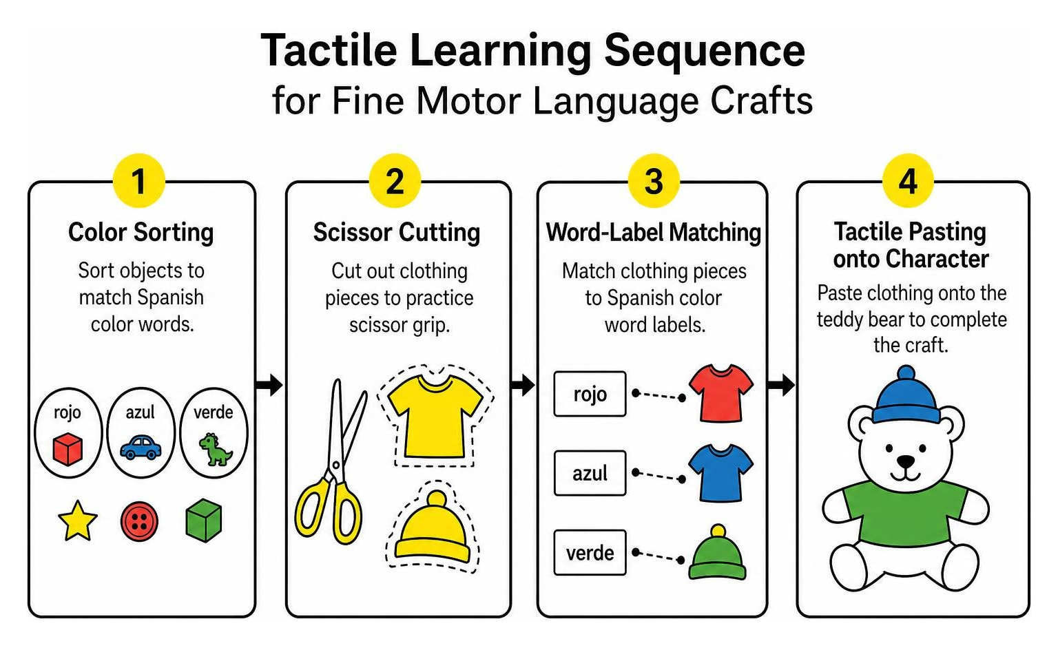Tactile learning sequence for fine motor language crafts