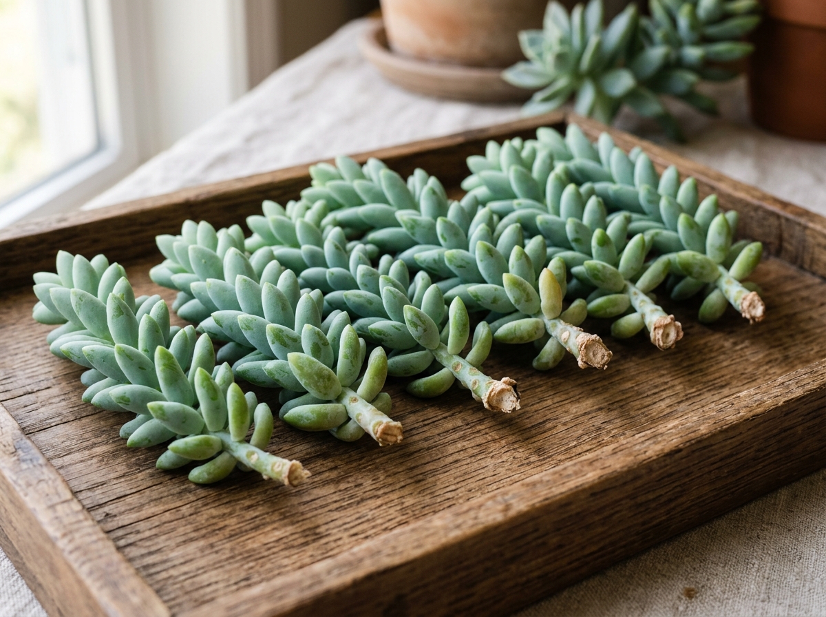 Stem cuttings callusing on a tray - burro tail propagation Stem cuttings callusing on a tray - burro tail propagation