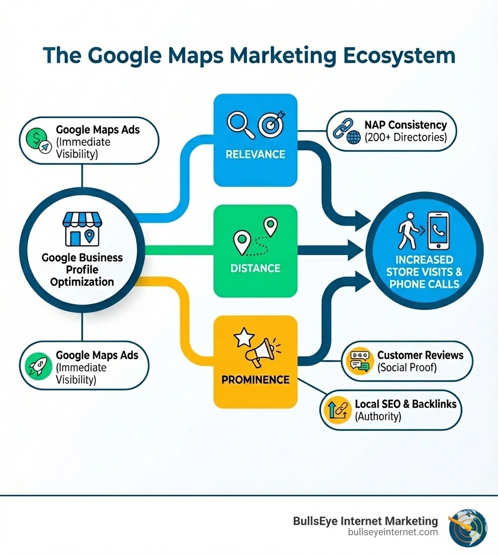 Infographic showing the Google Maps marketing ecosystem: starting with Google Business Profile optimization at the center, branching to three pillars (Relevance, Distance, Prominence), with supporting elements including NAP consistency across 200+ directories, customer reviews generating social proof, local SEO and backlinks building authority, and Google Maps Ads for immediate visibility, all leading to increased store visits and phone calls - Google Maps marketing infographic Google Maps marketing ecosystem diagram illustrating relevance, distance, and prominence factors for optimizing Google Business profiles, increasing store visits and phone calls, with emphasis on Google Maps ads and NAP consistency.