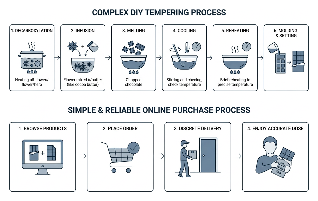 Flowchart comparing the complex, multi-step DIY tempering process with the simple, reliable online purchase process Flowchart comparing the complex, multi-step DIY tempering process with the simple, reliable online purchase process