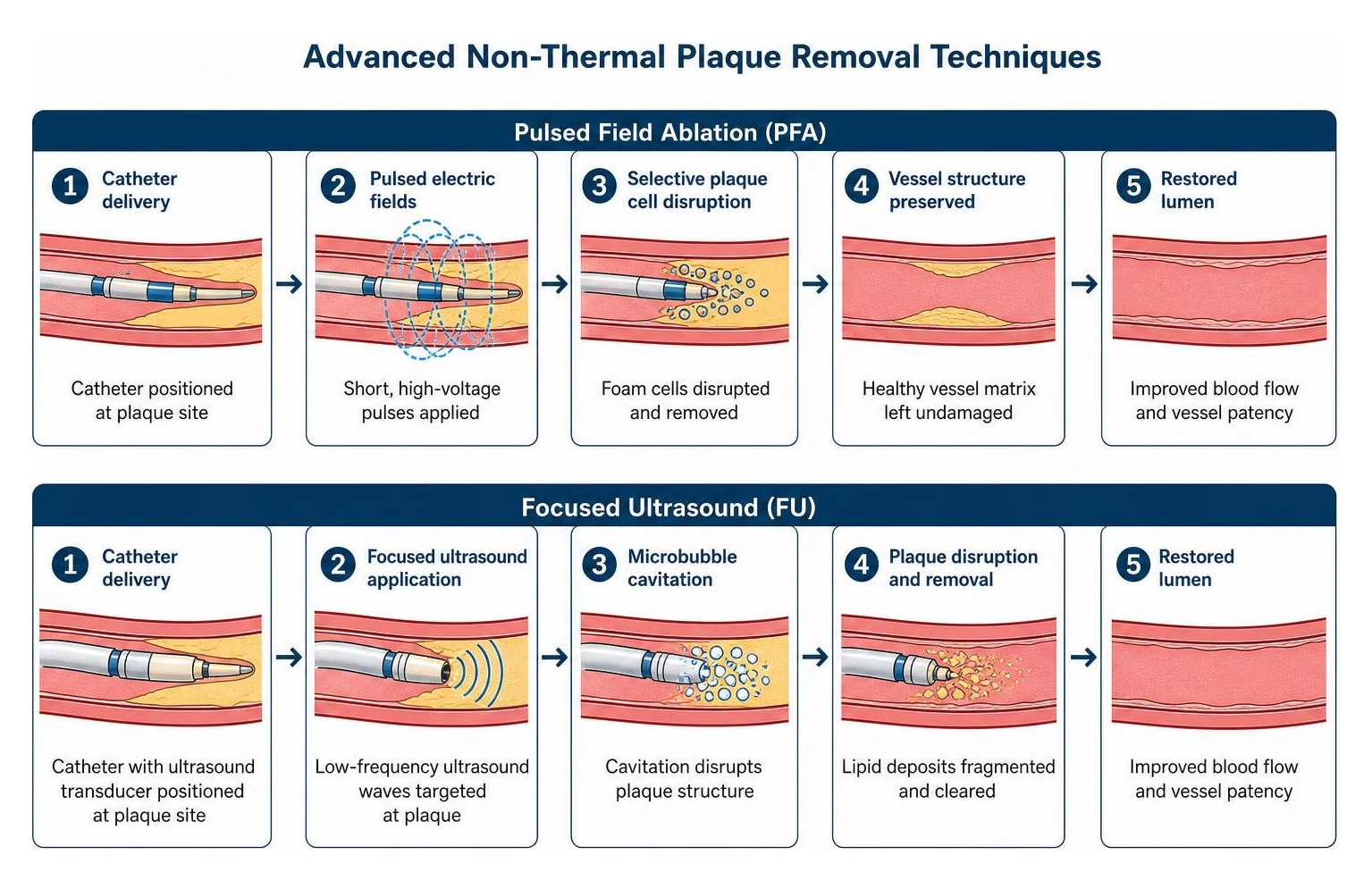 Diagram of advanced non-thermal plaque removal techniques including pulsed field ablation and focused ultrasound