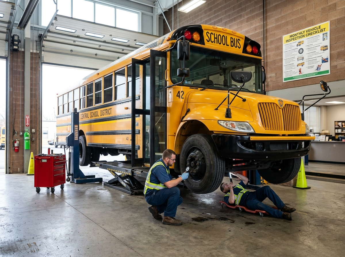A school bus undergoing a safety check to prevent transportation accidents during student trips - claim injury student travel