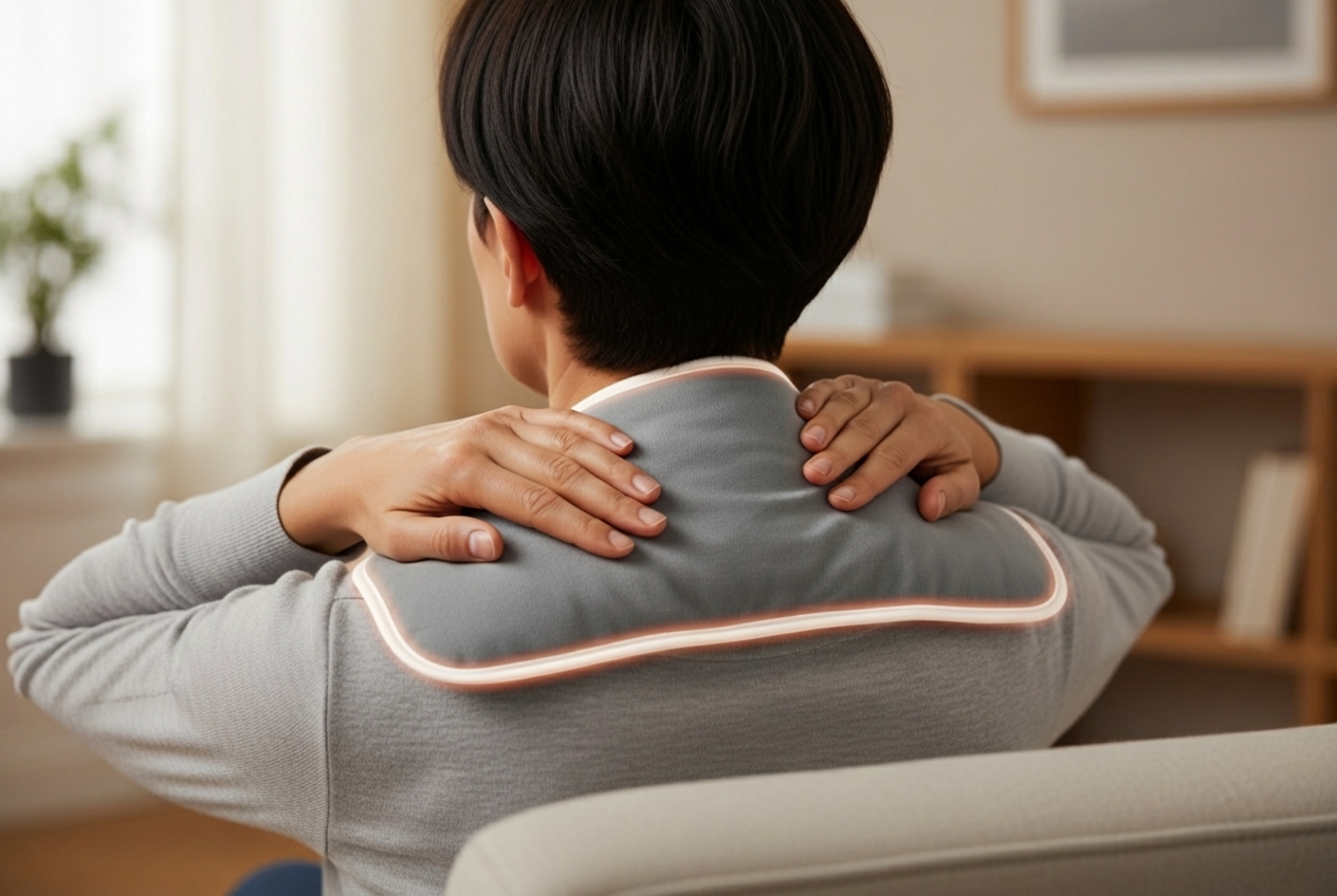 person using heat pad on neck - Trapezius muscle strain treatment