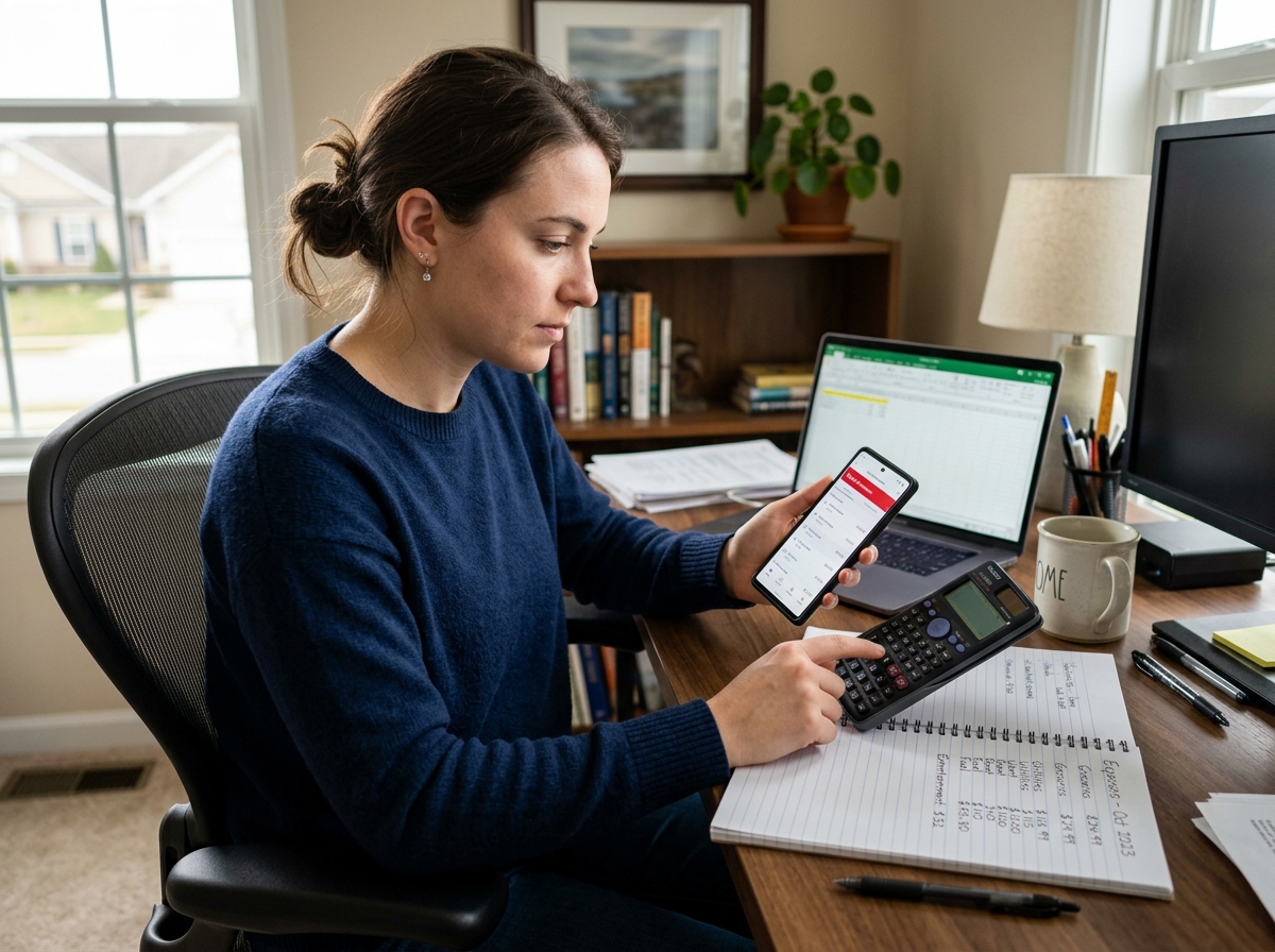 person using a smartphone and calculator to categorize monthly expenses - how to create first budget