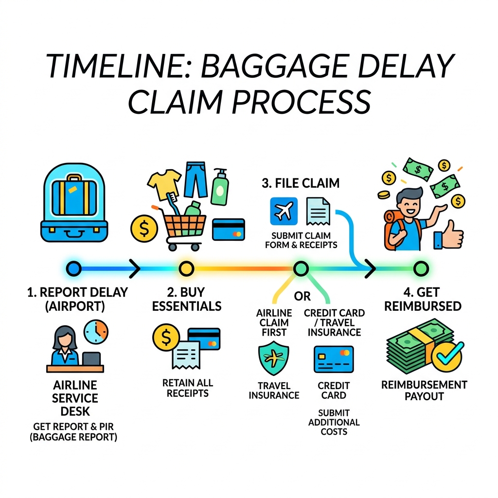Timeline infographic of a baggage delay claim from airport report to reimbursement payout - baggage delay insurance claims Timeline infographic of a baggage delay claim from airport report to reimbursement payout - baggage delay insurance claims