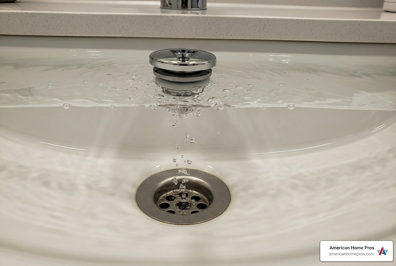 Infographic explaining the top 5 warning signs of a clogged drain: slow-draining fixtures, gurgling sounds from pipes, unpleasant odors, frequent need for plunging, and water backing up into other fixtures - drain cleaning in jenks, ok