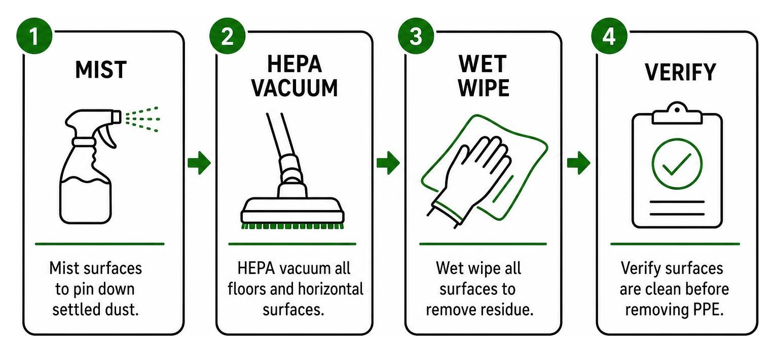 Step-by-step cleaning sequence: mist, HEPA vacuum, wet wipe, verify Step-by-step cleaning sequence: mist, HEPA vacuum, wet wipe, verify