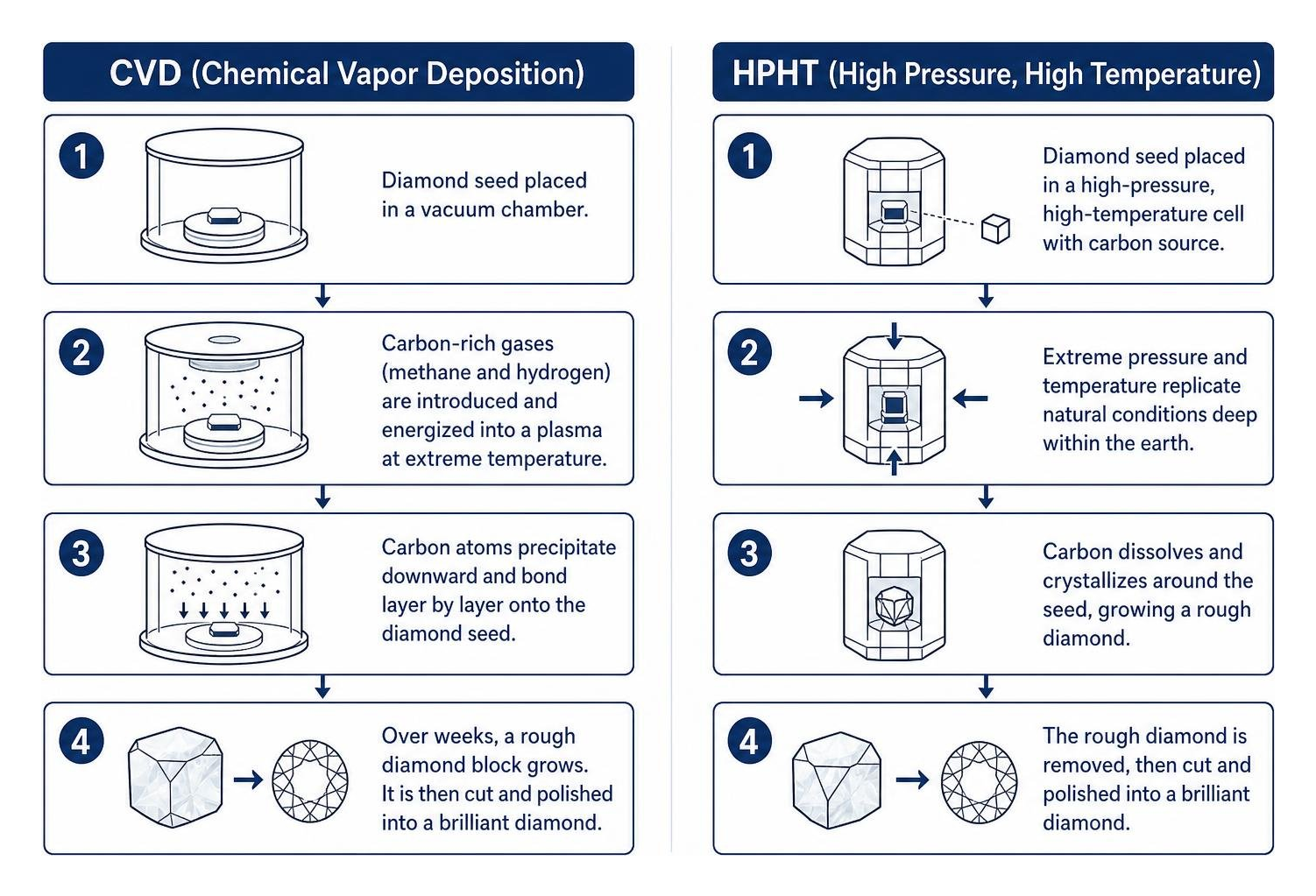 Comparison diagram of CVD and HPHT growth methods