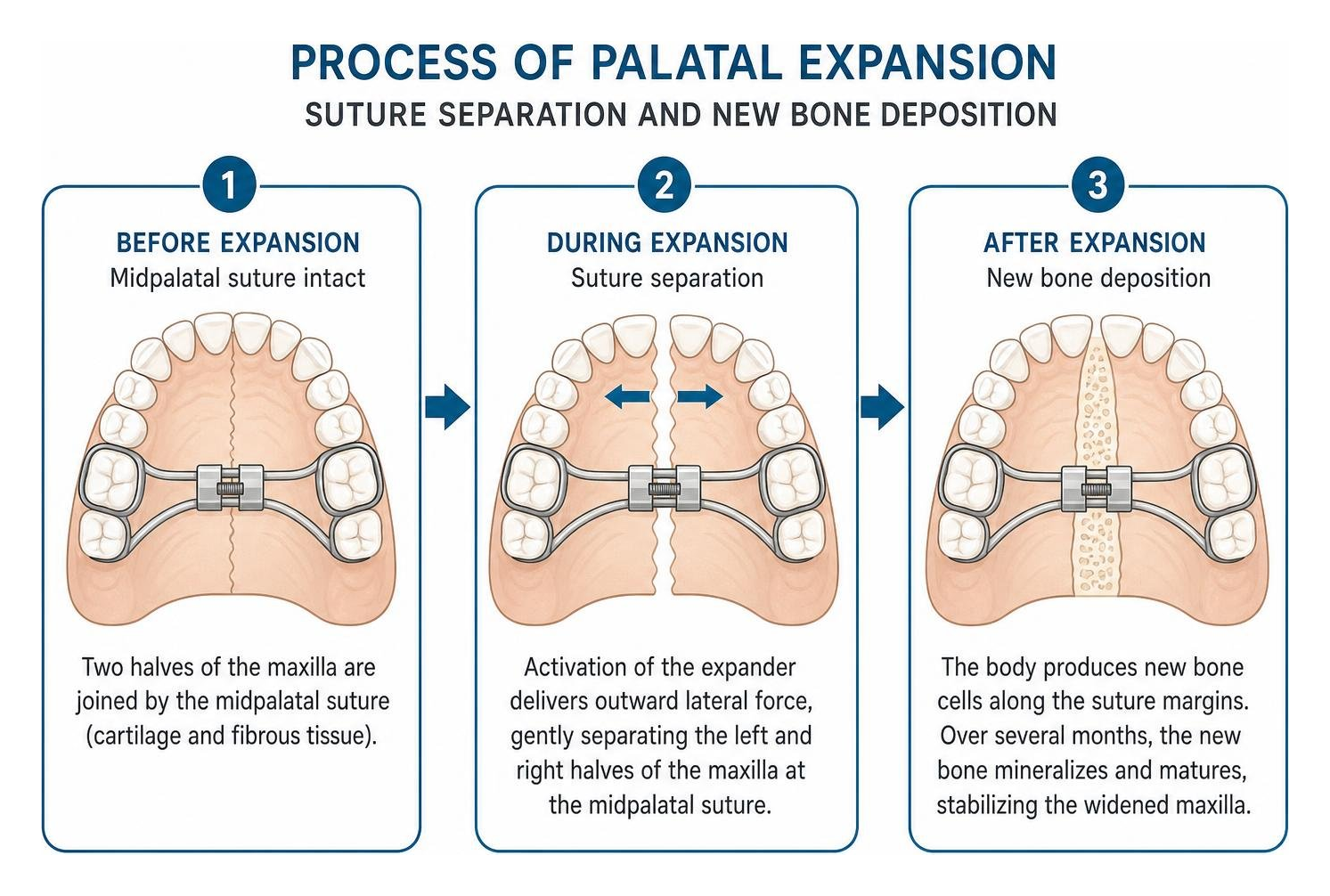 Process of palatal expansion showing suture separation and new bone deposition Process of palatal expansion showing suture separation and new bone deposition