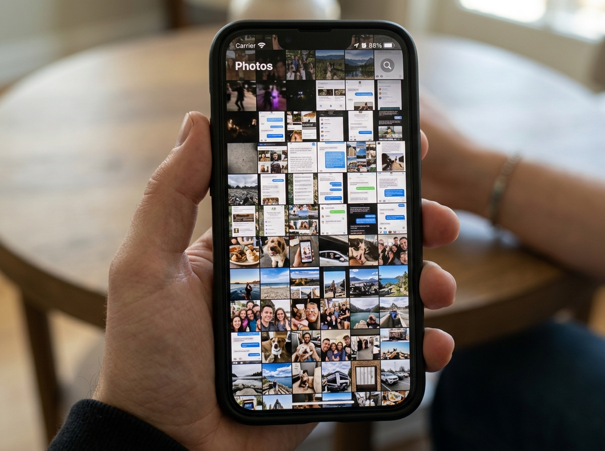 Cluttered iPhone camera roll with thousands of unsorted photos - iphone photo organizer app