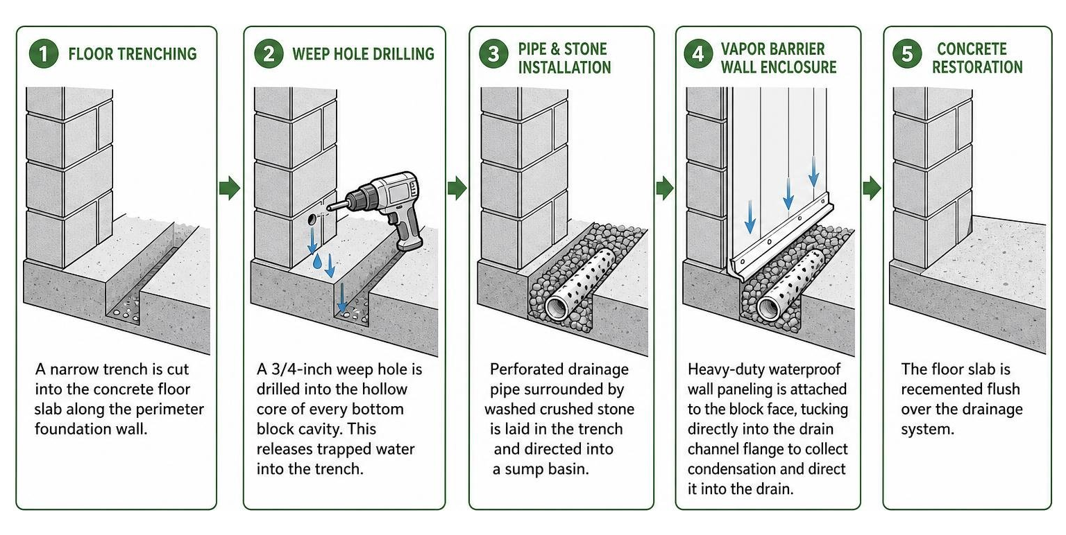 Interior drain tile system installation and water flow process Interior drain tile system installation and water flow process
