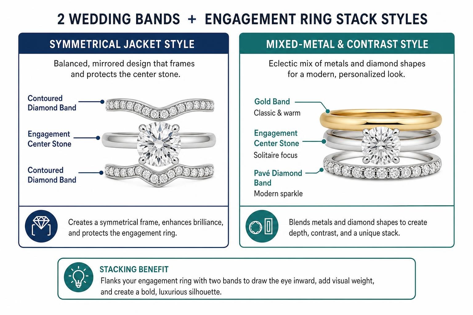 Bridal jewelry stack comparing symmetrical jacket and mixed-metal styles Bridal jewelry stack comparing symmetrical jacket and mixed-metal styles