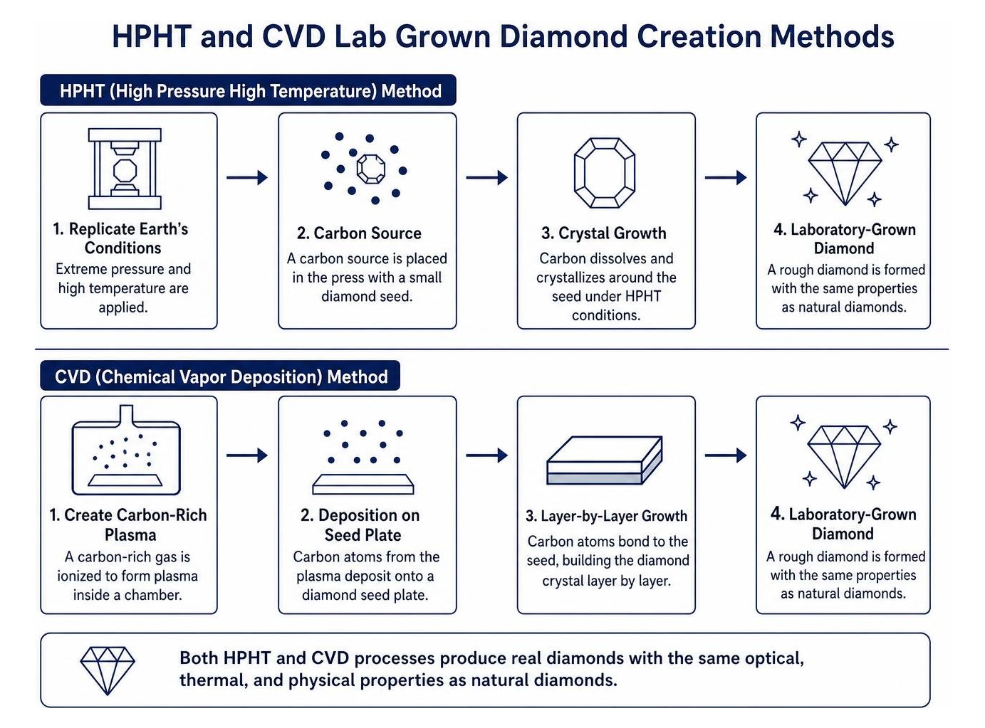 HPHT and CVD lab grown diamond creation methods process diagram HPHT and CVD lab grown diamond creation methods process diagram