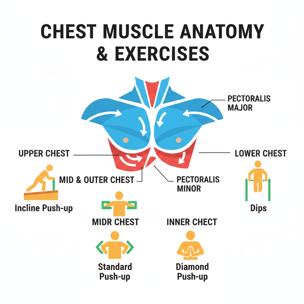 Chest muscle anatomy showing pectoralis major, minor, fiber directions, and targeted exercises - bodyweight chest exercises
