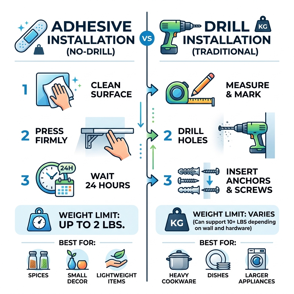 infographic comparing adhesive vs drill shelf installation steps and weight limits - no nails kitchen shelves infographic 