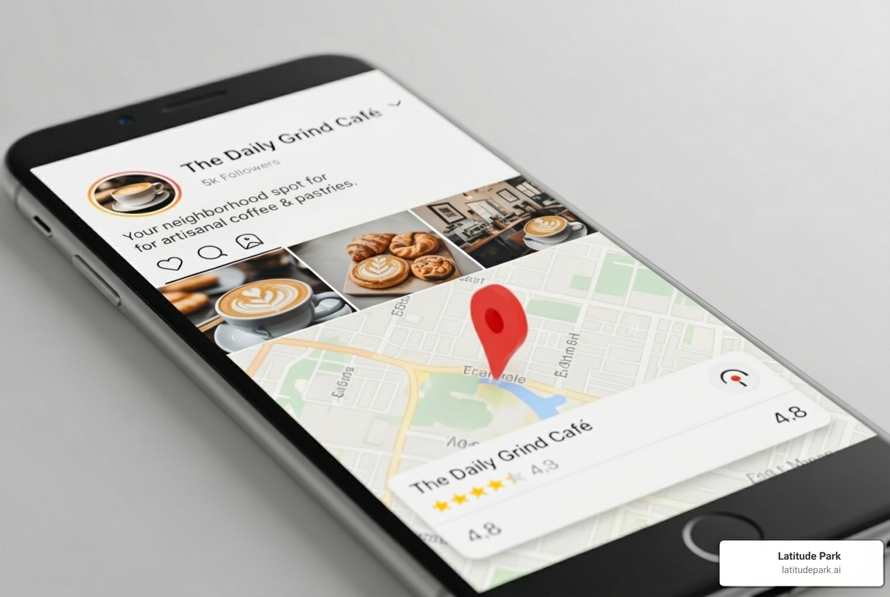 smartphone showing a local franchise's social media page and Google Maps listing - Franchise local advertising