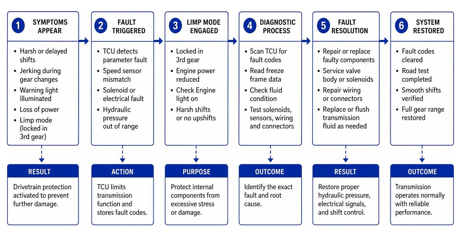 Sequence of Mercedes transmission limp mode failure and diagnostic resolution