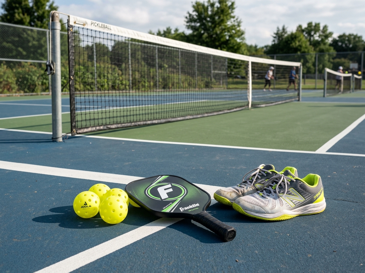 Pickleball gear including paddle, balls, and court shoes laid out on a court - pickleball drills for beginners