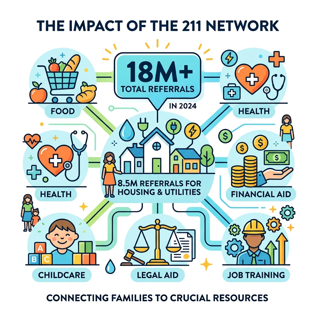 Infographic showing 211 network impact: 18M+ referrals in 2024, 8.5M for housing and utilities, covering food, health Infographic showing 211 network impact: 18M+ referrals in 2024, 8.5M for housing and utilities, covering food, health