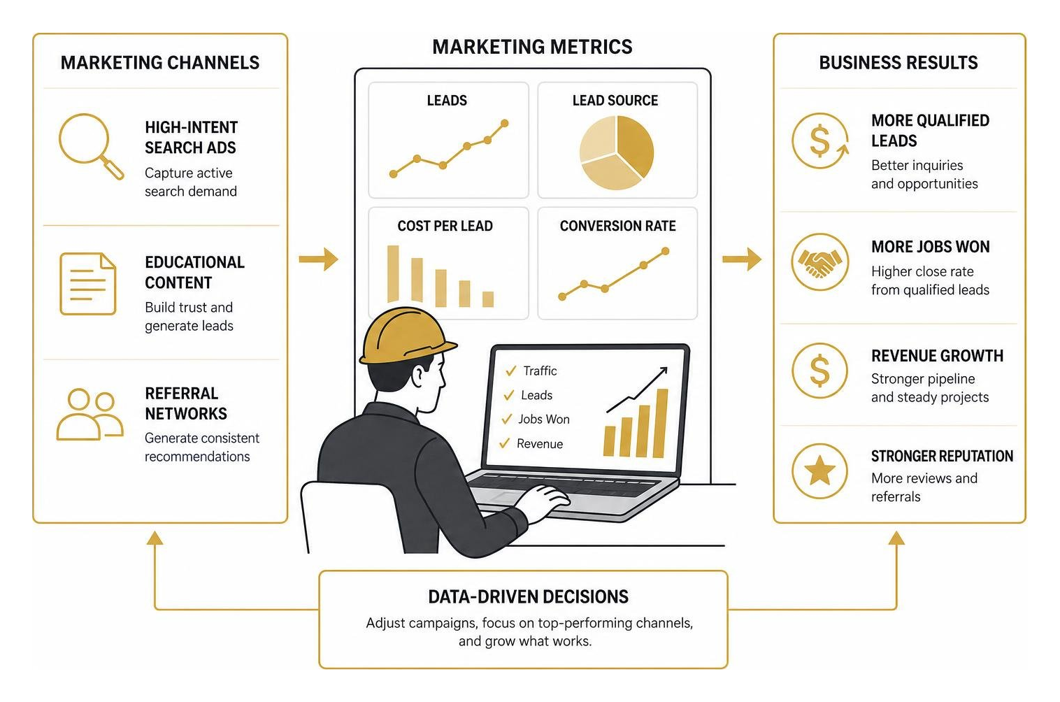 construction business owner analyzing marketing growth metrics