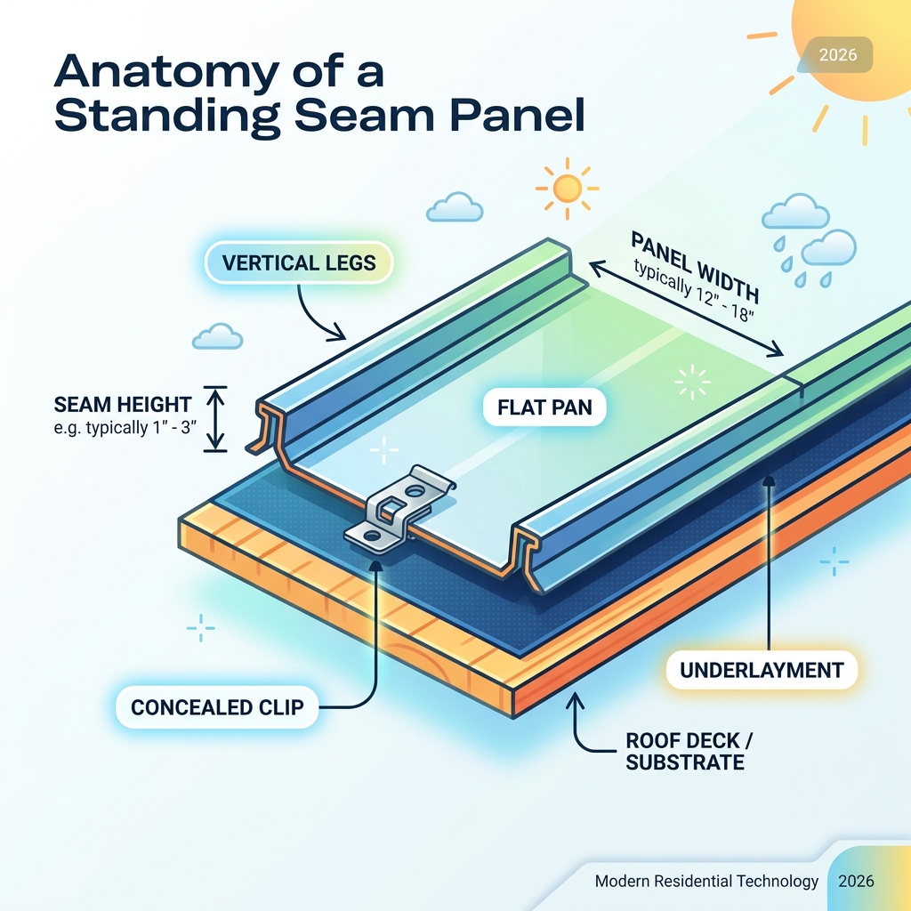 Infographic showing anatomy of a standing seam panel: vertical legs, concealed clip, flat pan, seam height, panel width, and Infographic showing anatomy of a standing seam panel: vertical legs, concealed clip, flat pan, seam height, panel width, and