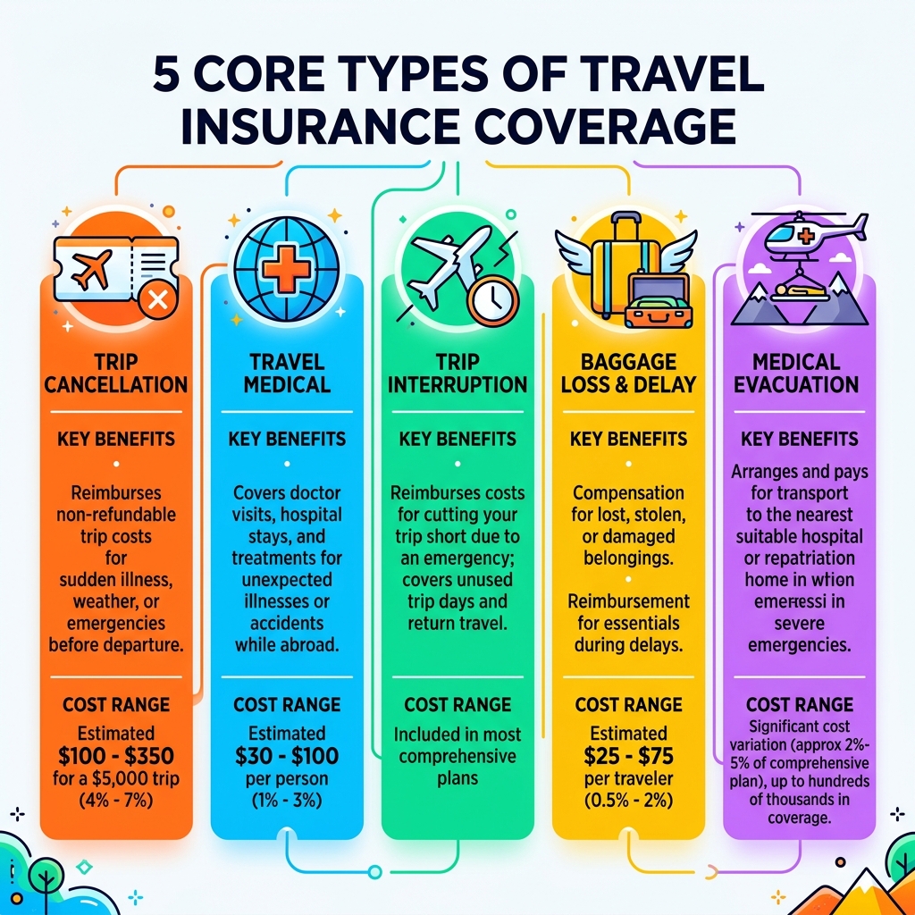 5 core types of travel insurance coverage with cost ranges and key benefits explained - tips when buying travel insurance