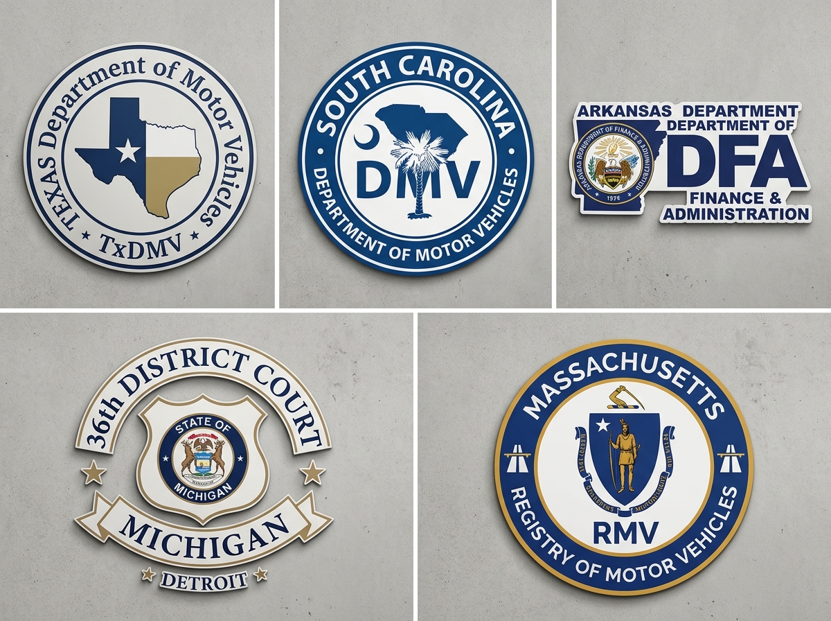 Logos of state agencies frequently impersonated by scammers - unpaid traffic violation text scam Logos of state agencies frequently impersonated by scammers - unpaid traffic violation text scam