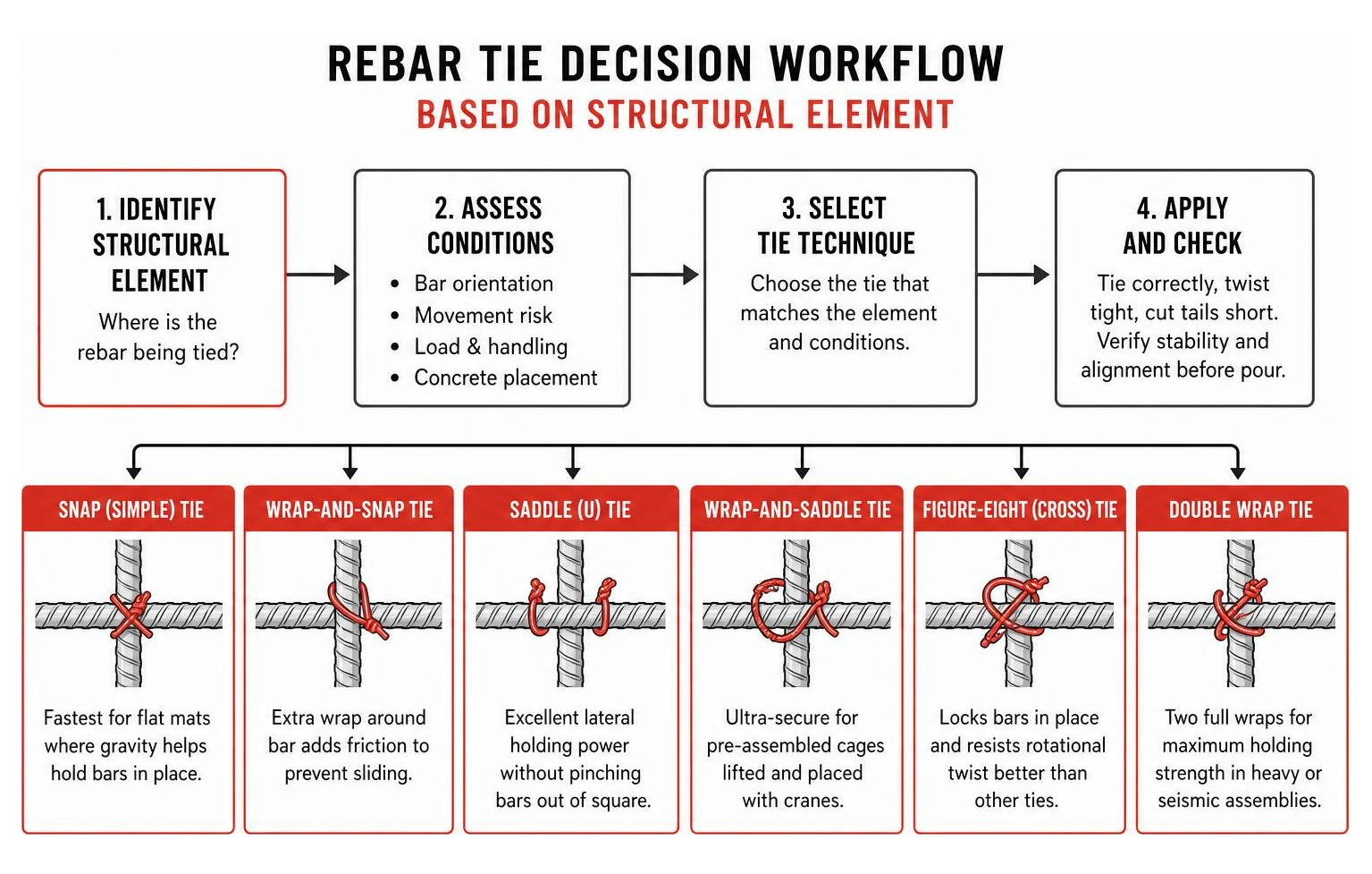 Rebar tie decision workflow diagram based on structural element