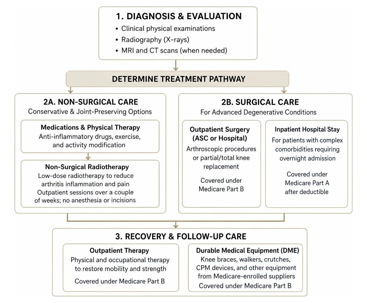 Diagram illustrating the pathway from diagnosis to non-surgical or surgical knee care