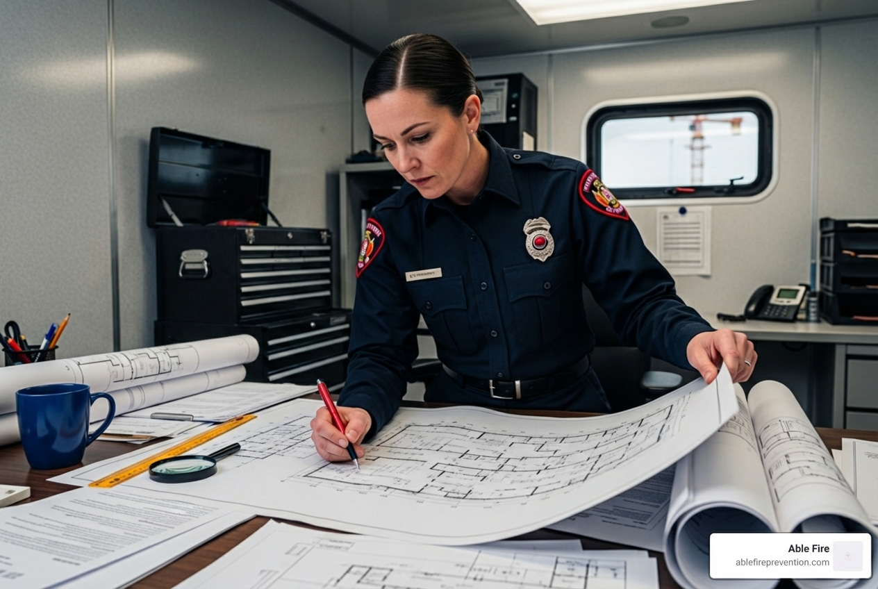 A fire inspector reviewing building plans - Building fire safety A fire inspector reviewing building plans - Building fire safety