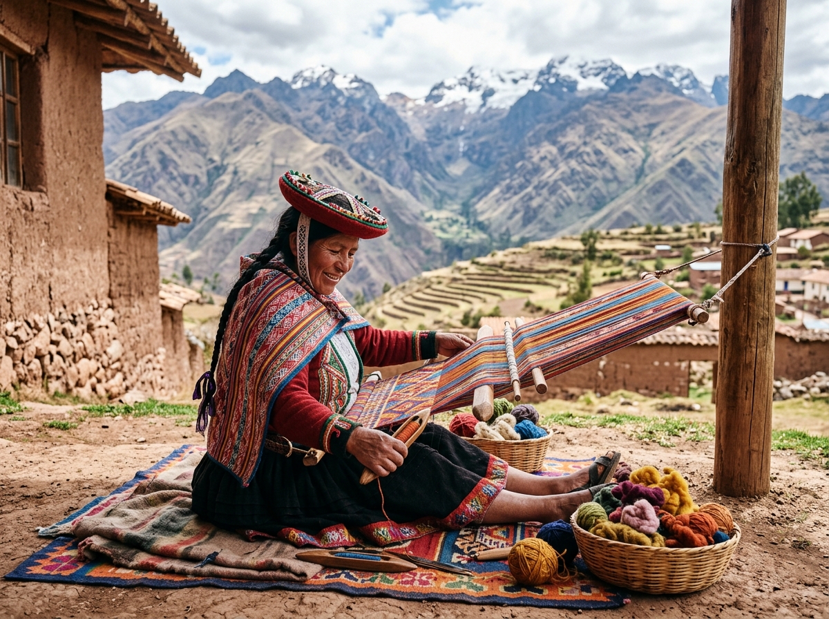 A local Andean weaver in Chinchero working on a traditional backstrap loom - ethnic clothing markets solo A local Andean weaver in Chinchero working on a traditional backstrap loom - ethnic clothing markets solo