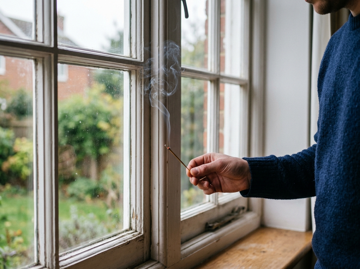 person performing a candle smoke test near a window frame - prevent window drafts