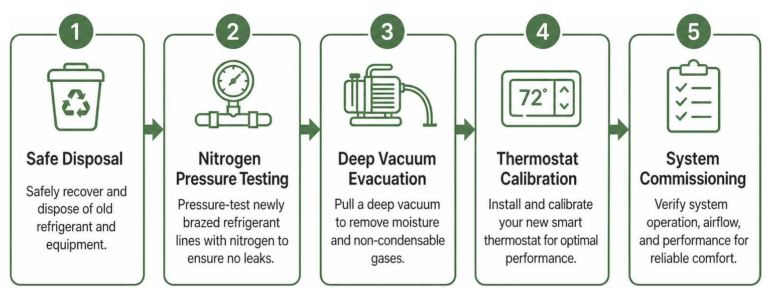 5-step AC installation and commissioning process diagram